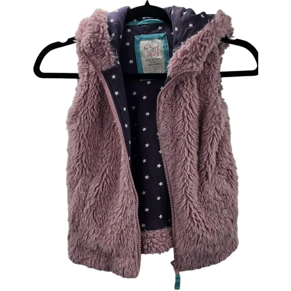 Boden Girls Vest Pink Fuzzy Hooded Sherpa Star 5 6Y